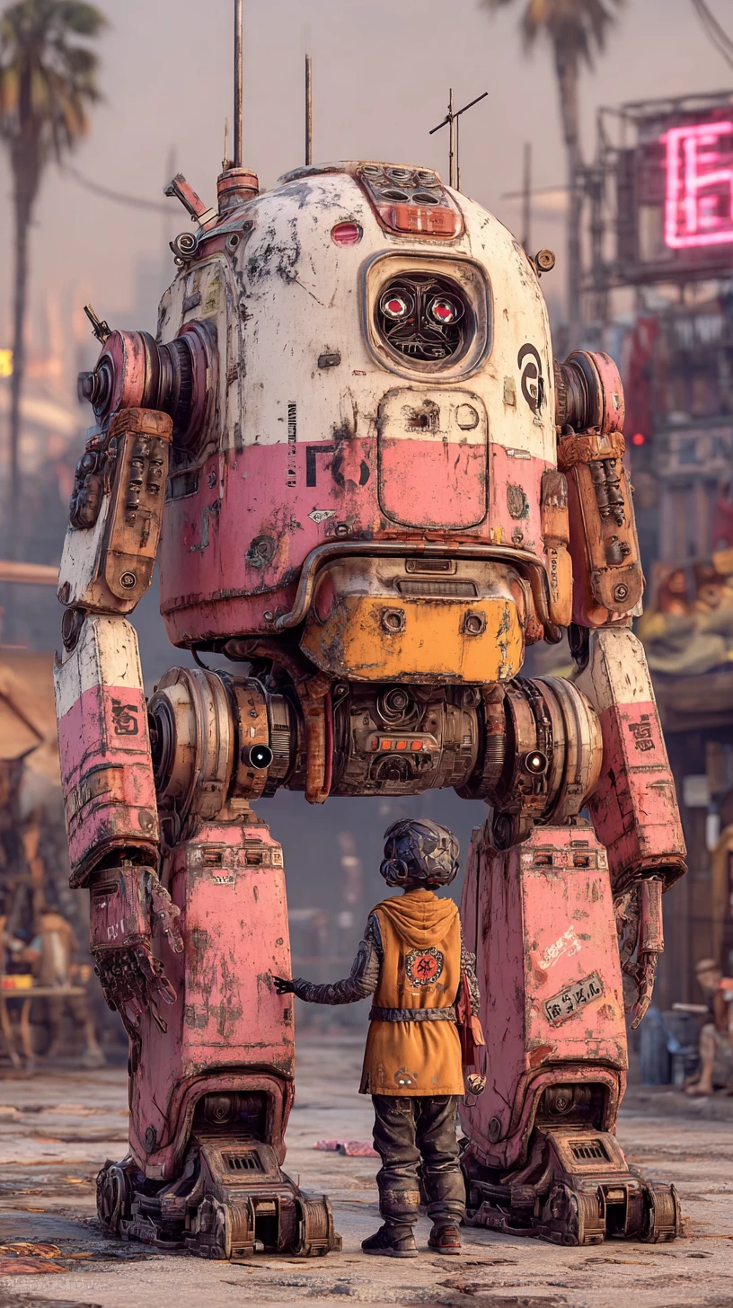Mujer cyberpunk y meca gigante en una calle de ciudad neón