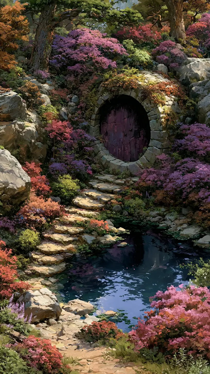 Colorido portal de fantasía que brilla en una cueva subterránea