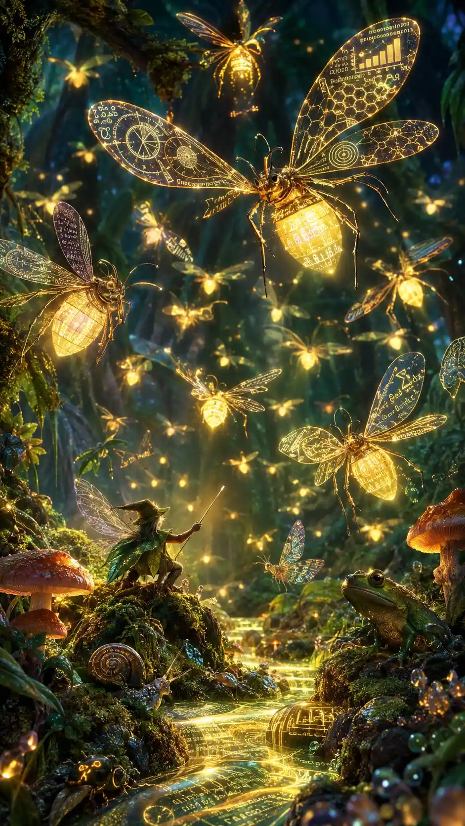 Minuscule esprit des bois dirigeant des lucioles lumineuses dans la forêt