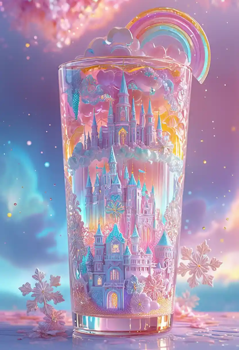 Anime dreamscape drink in a glowing layered glass