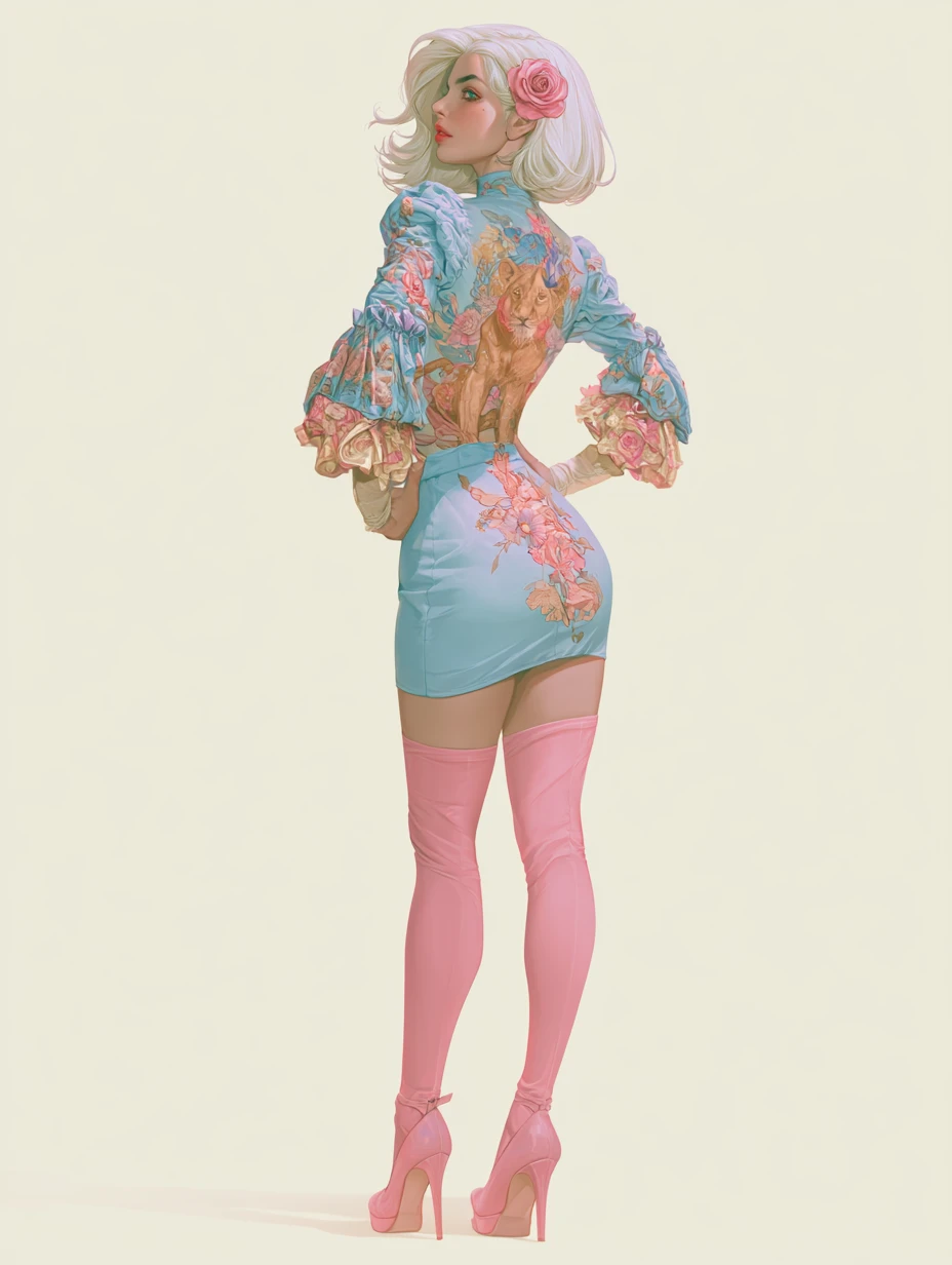 Elegant woman in pastel skirt with lioness back tattoo