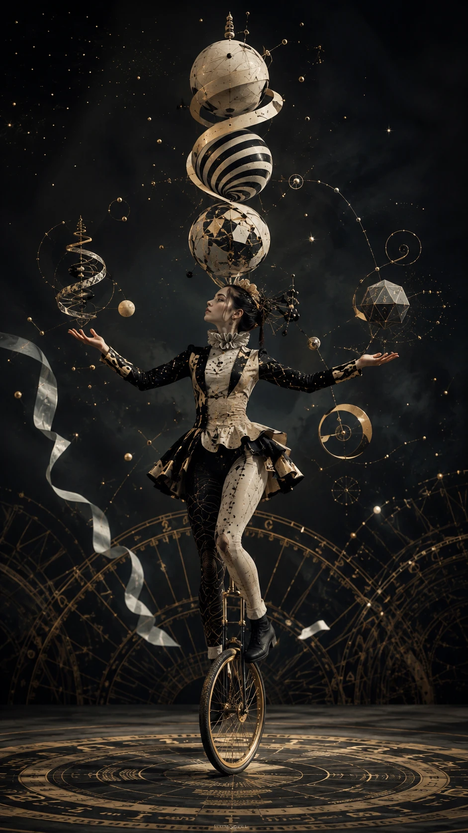 Surreal performer balancing spirals spheres and geometric ribbons