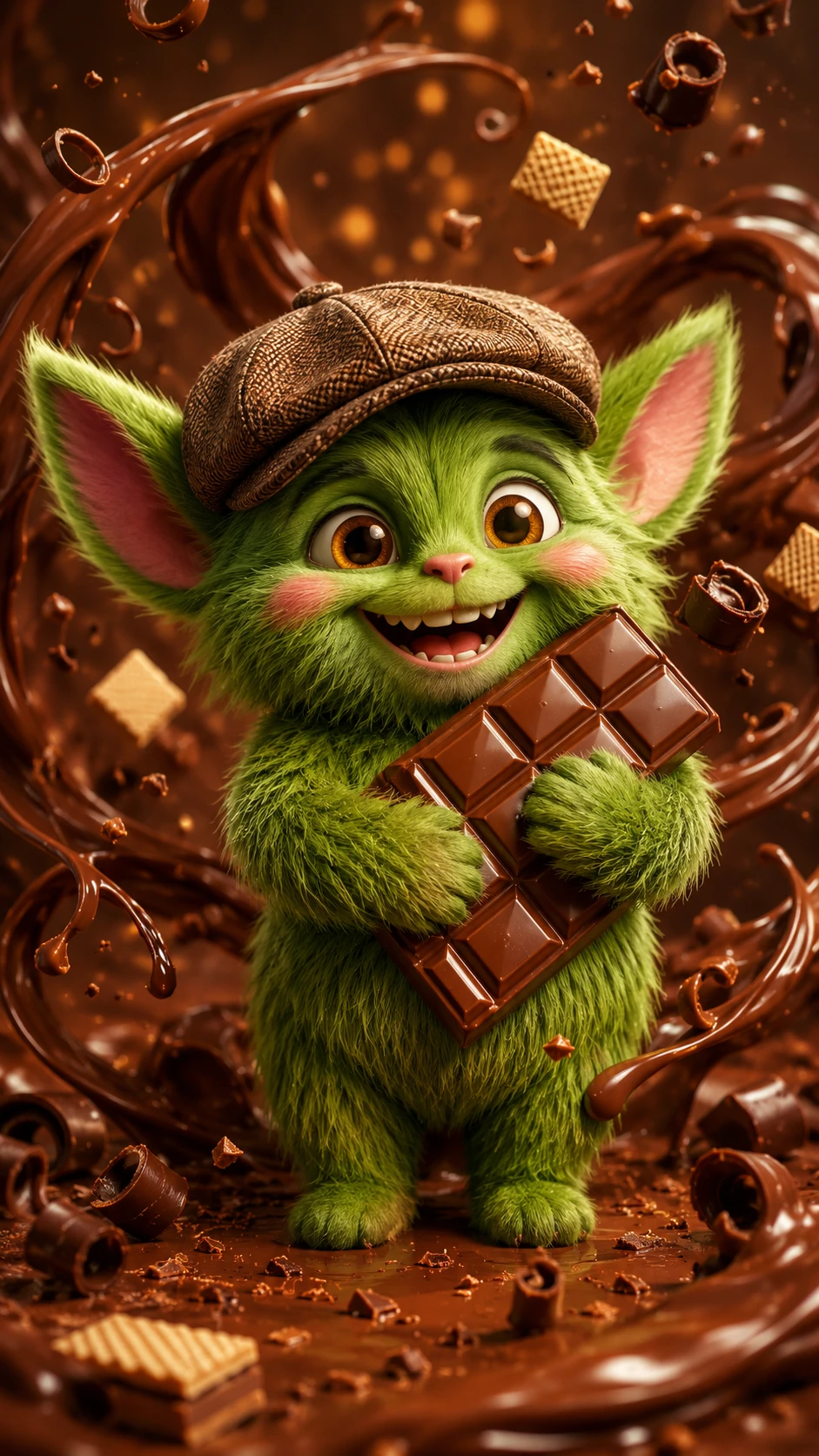 Criatura fofa e peluda verde abraçando barra de chocolate em espiral