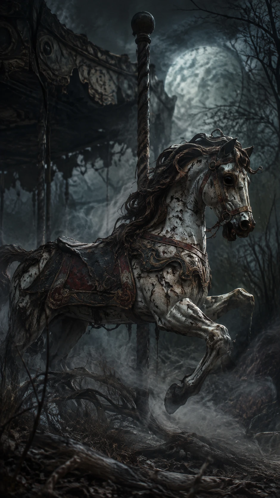 Abandoned carousel horse in a moonlit overgrown forest
