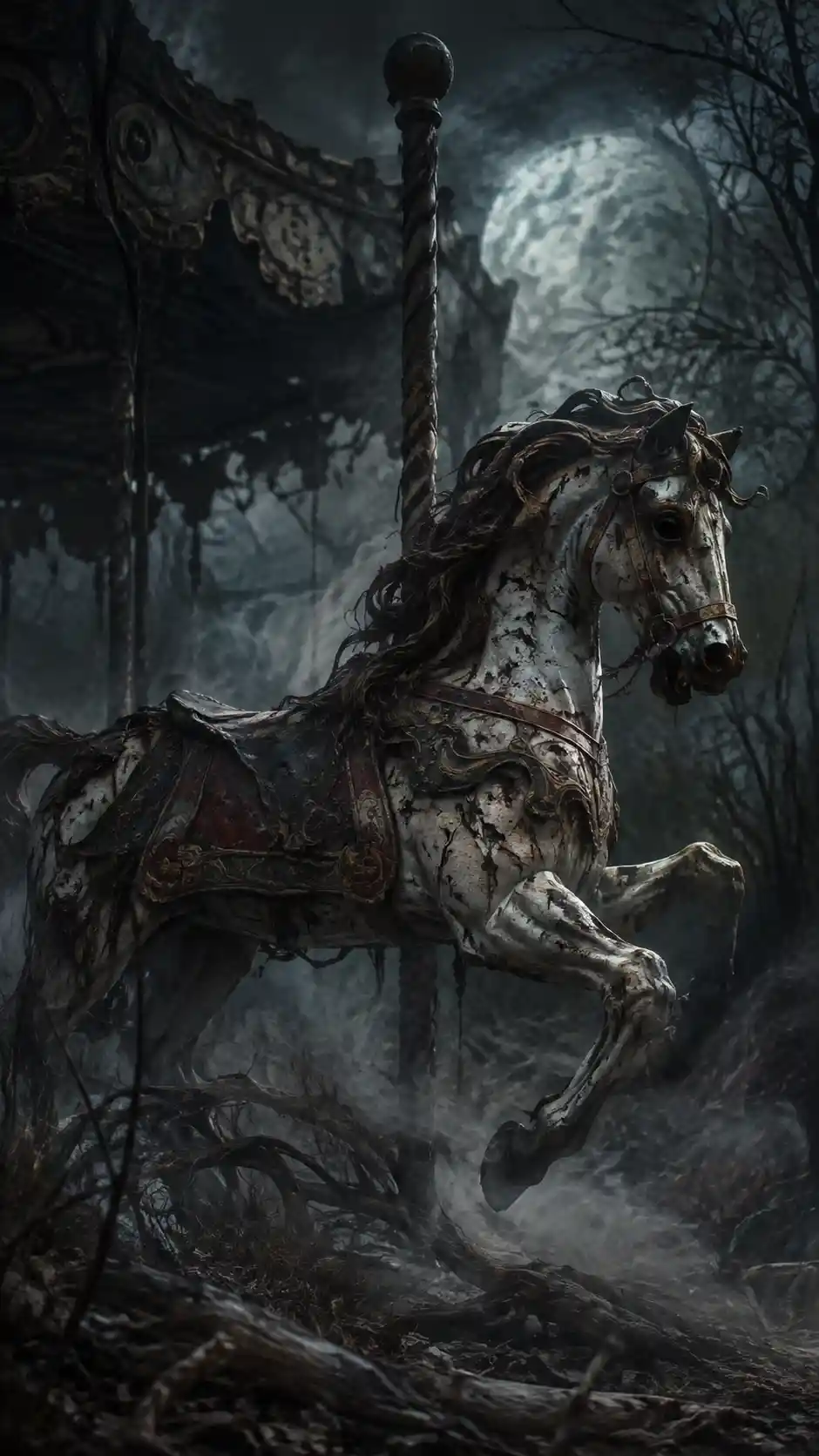 Abandoned carousel horse in a moonlit overgrown forest