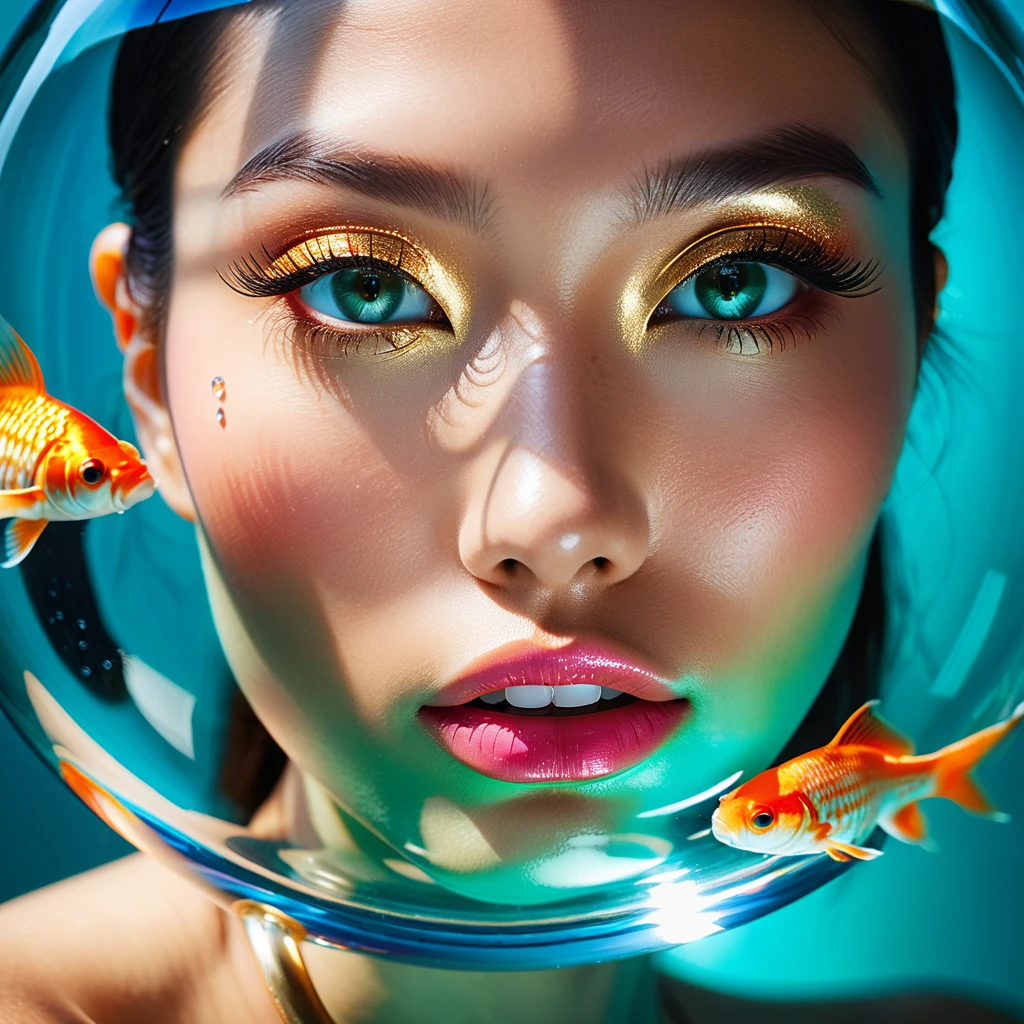 Retrato de moda en primer plano a través de una pecera con peces dorados