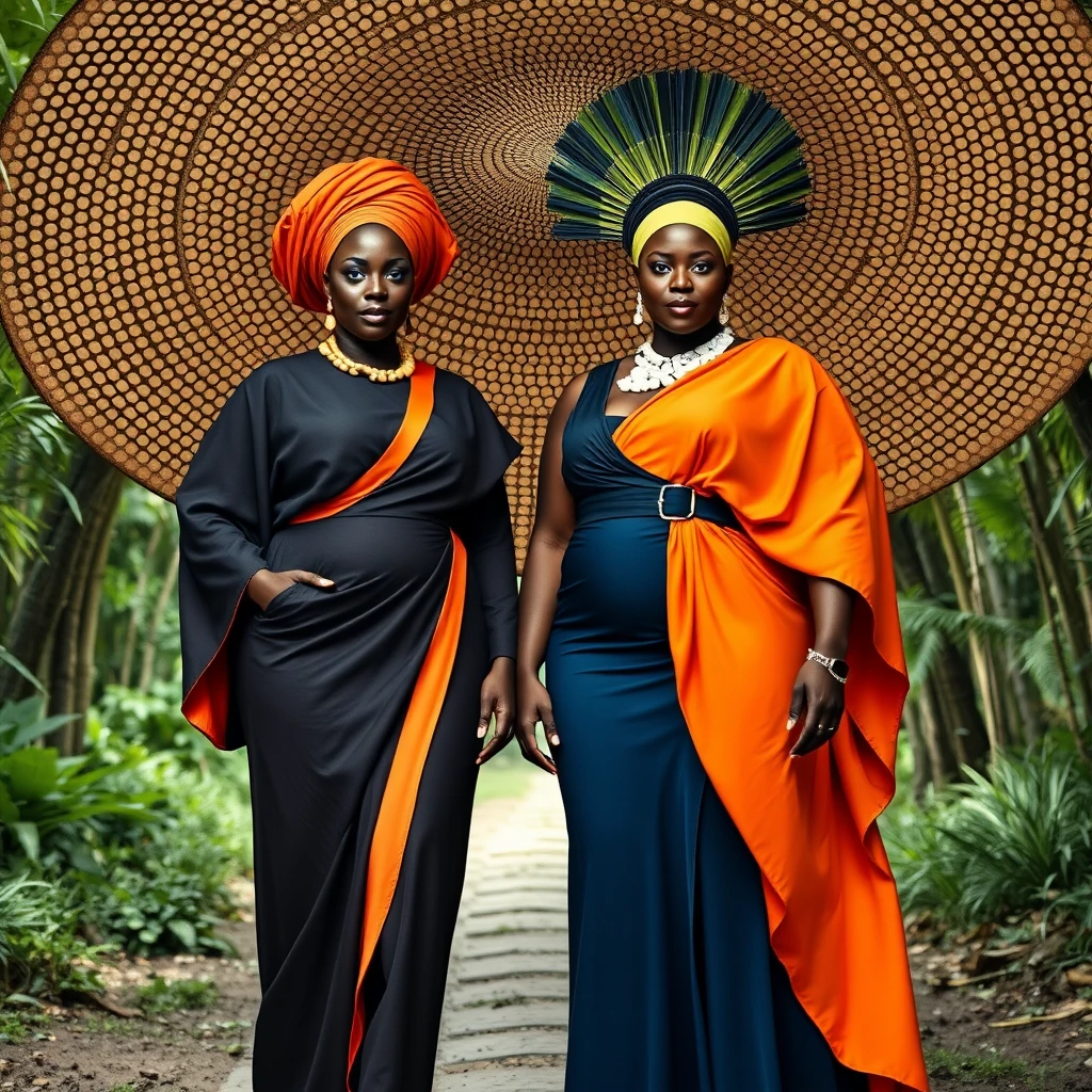 Elegant dark skinned women in bold couture on jungle path