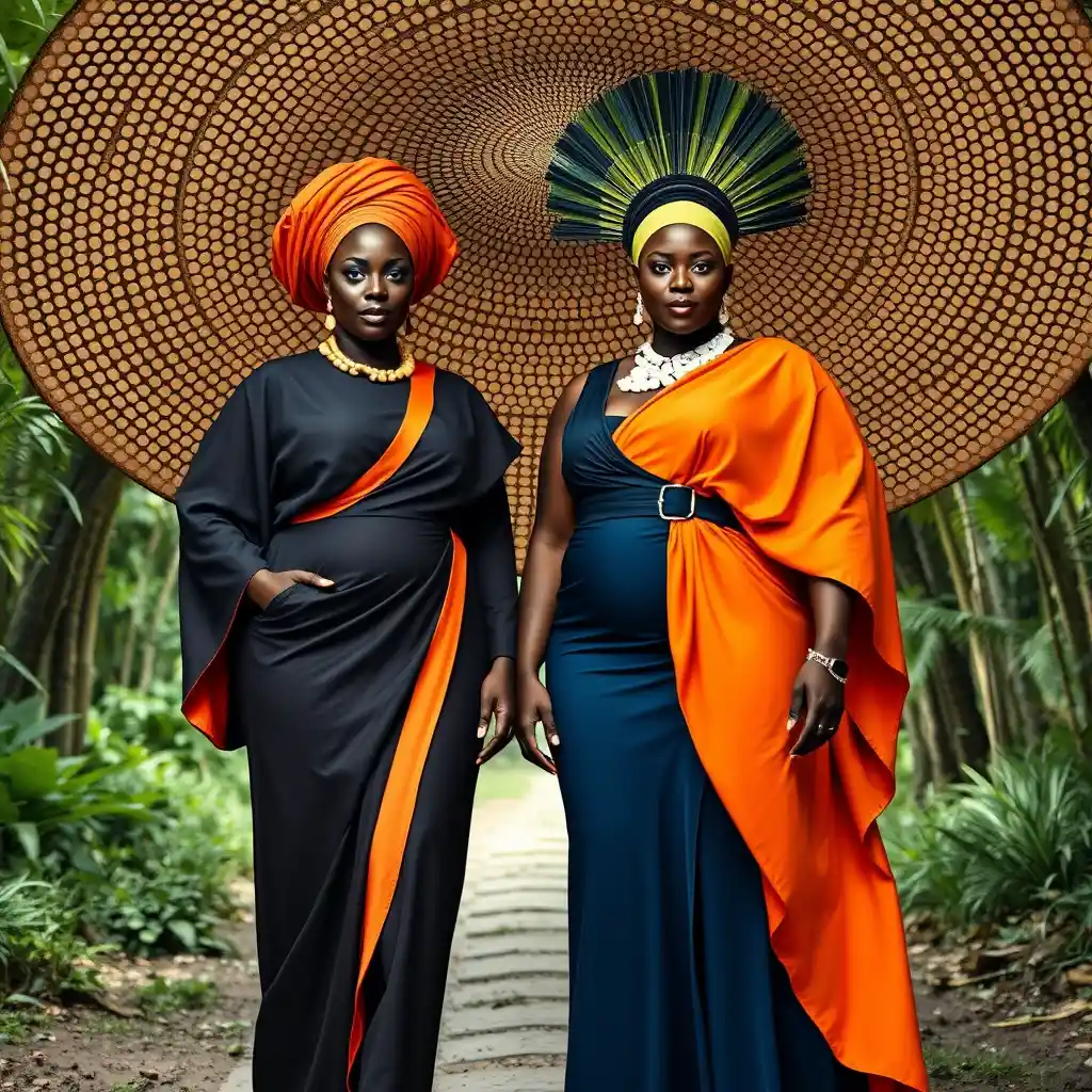 Elegant dark skinned women in bold couture on jungle path