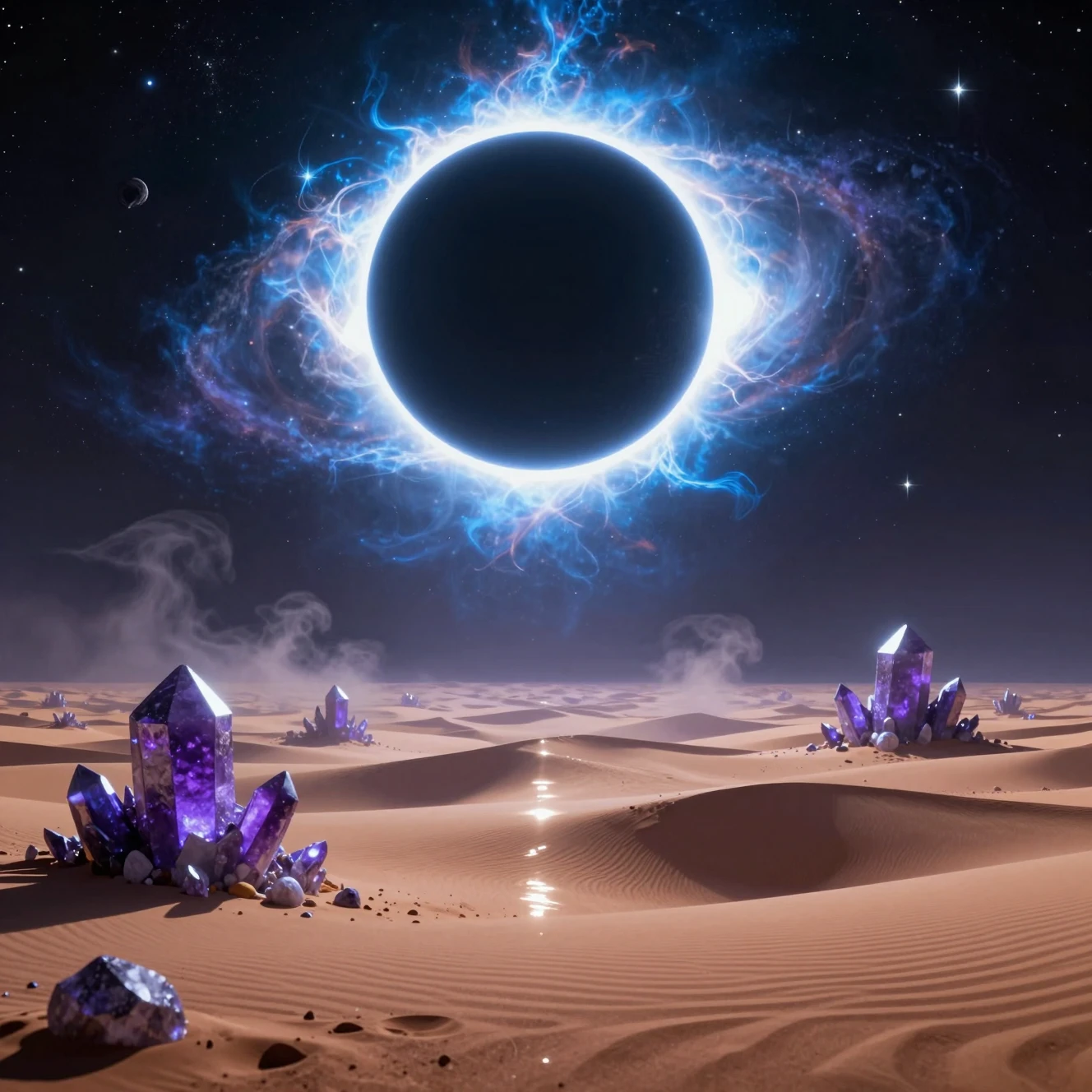 Alien crystal desert under a glowing eclipsed sun
