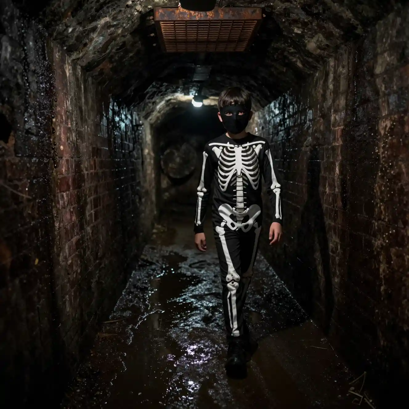 Teen boy in skeleton suit walking through dark sewer tunnel