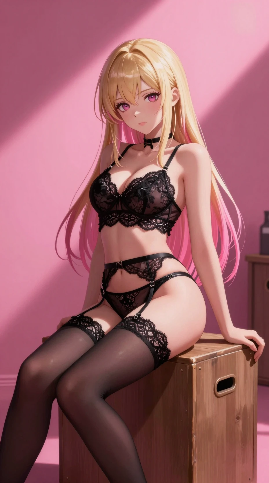 Garota de anime em lingerie de renda preta sobre fundo rosa vibrante