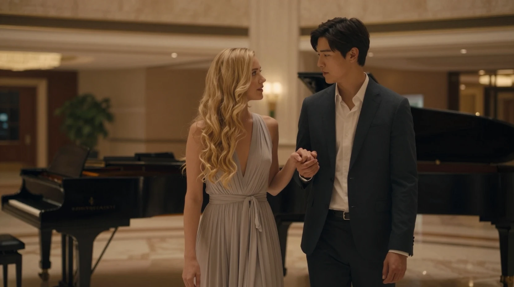 Pareja elegante en el atrio de un hotel con piano de cola