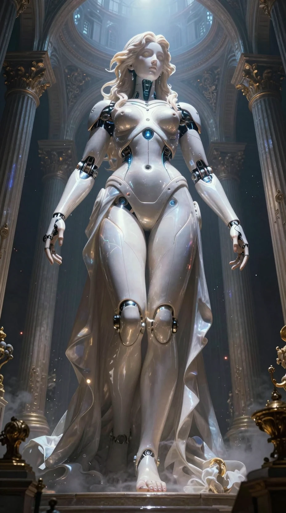 Colossal cybernetic goddess of love in ancient palace ruins