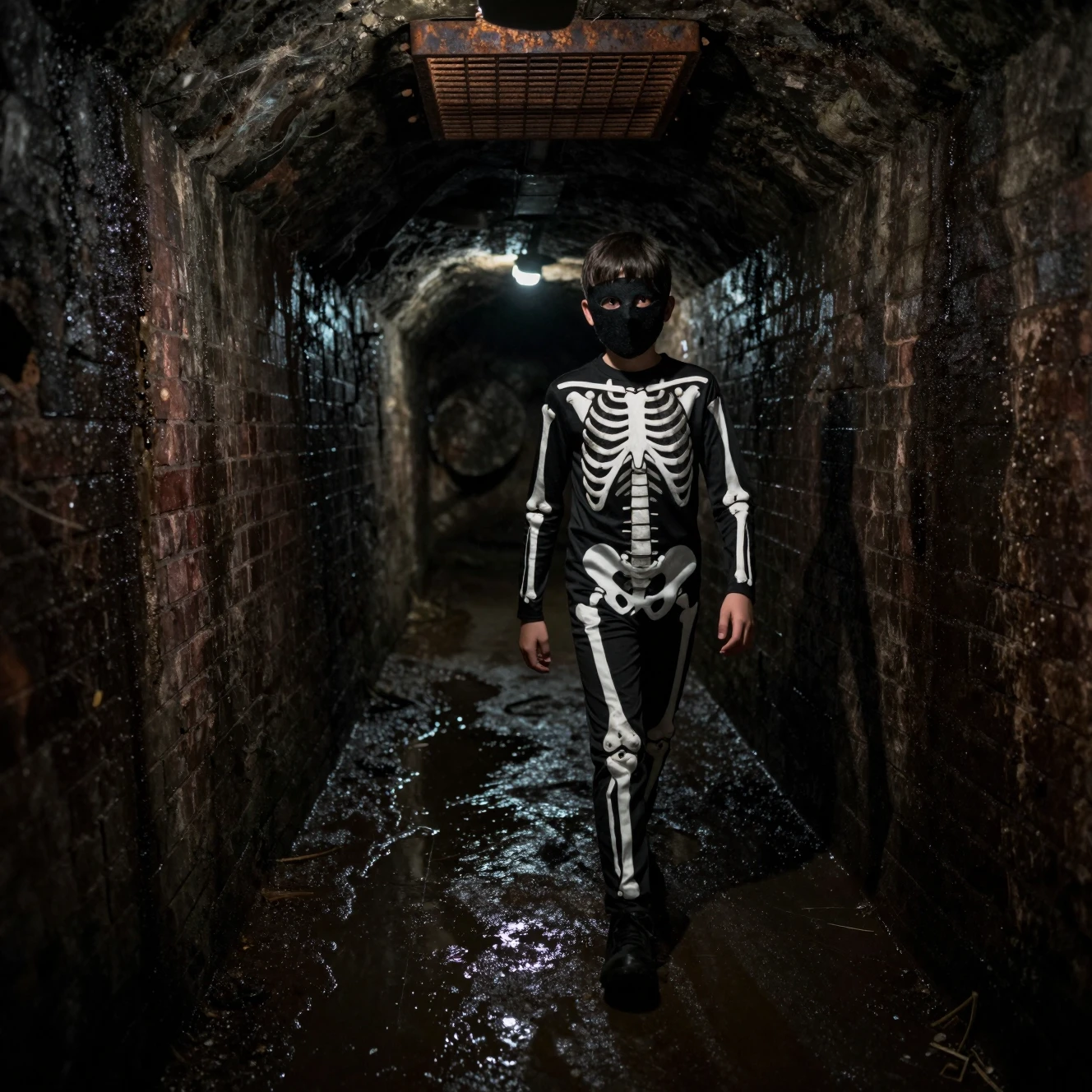 Teen boy in skeleton suit walking through dark sewer tunnel