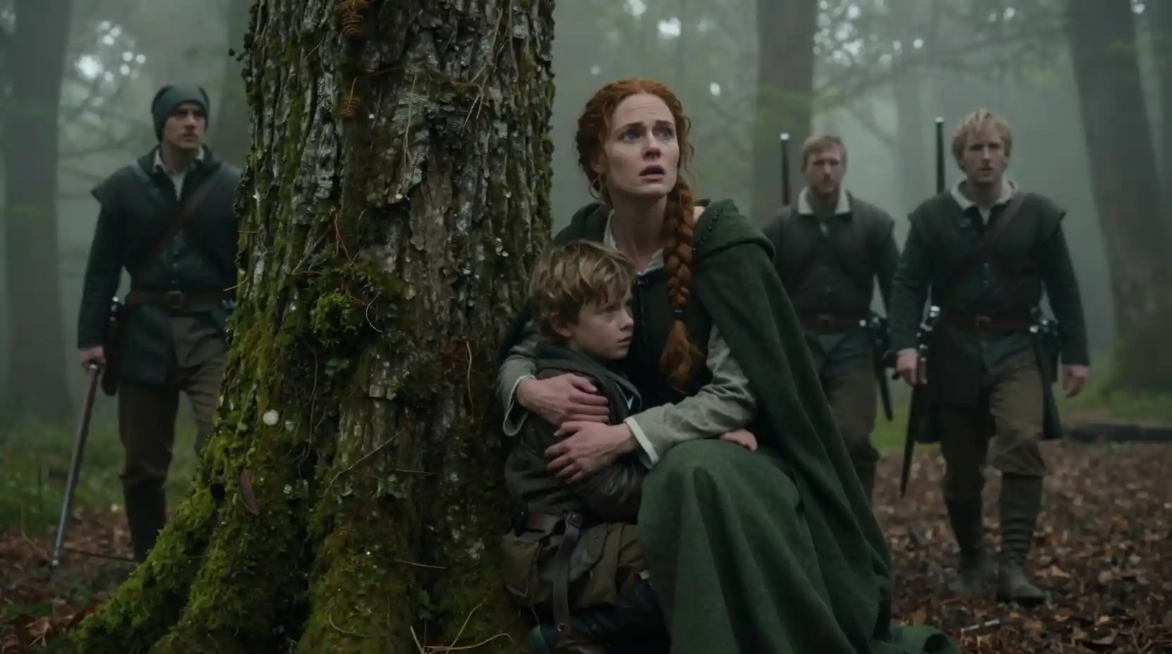 Mujer protegiendo a un niño detrás de un árbol en un bosque neblinoso