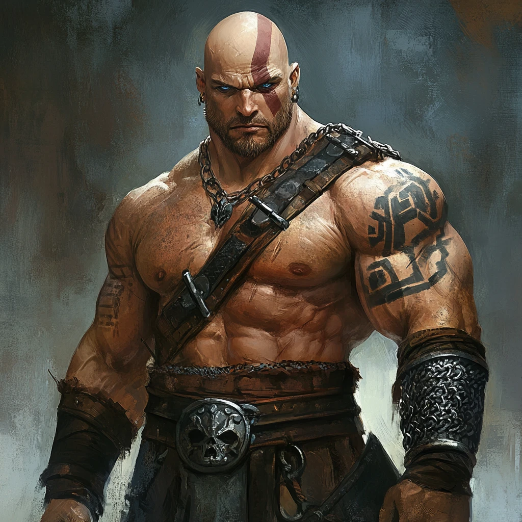 Ashen Skinned Goliath Warrior With Tribal Tattoos