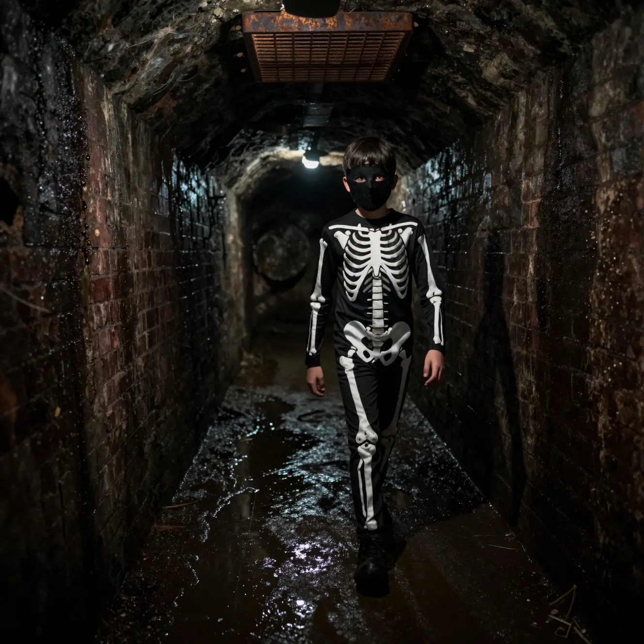 Teen boy in skeleton suit walking through dark sewer tunnel