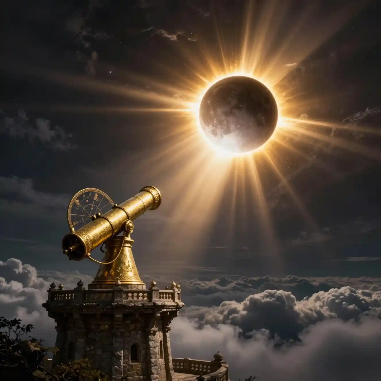 Torre fantastica sotto un drammatico eclissi solare totale