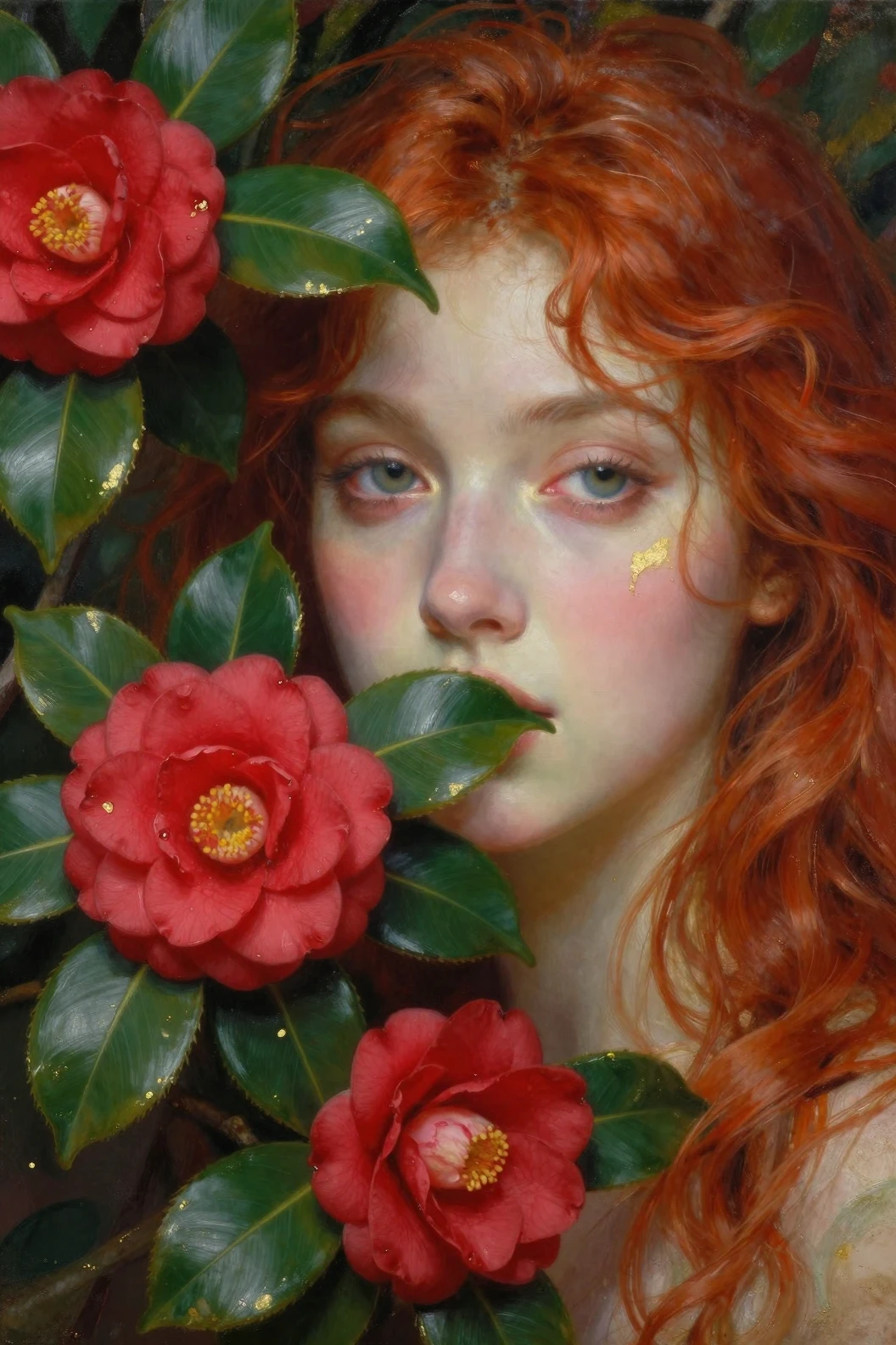 Retrato encantado de uma mulher emoldurada por flores de camélia