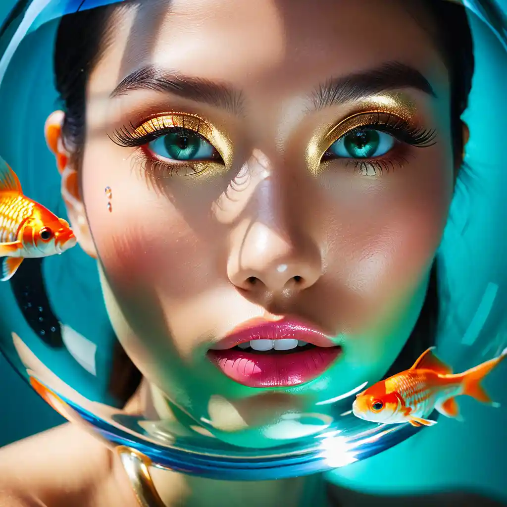 Retrato de moda en primer plano a través de una pecera con peces dorados