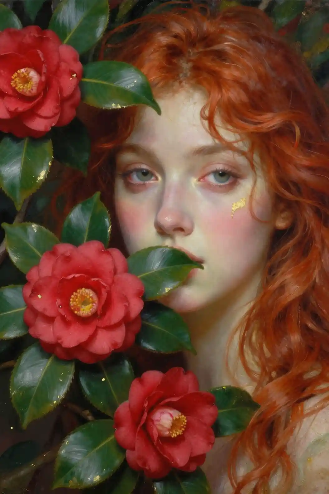 Retrato encantado de uma mulher emoldurada por flores de camélia