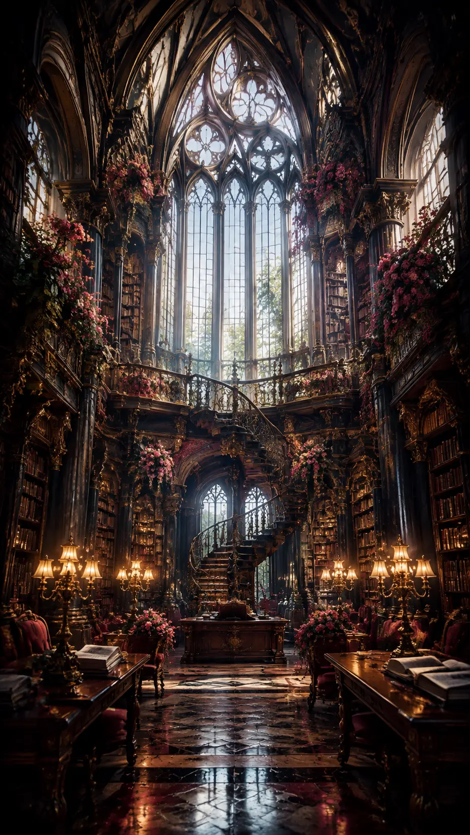 Gran biblioteca de fantasía barroca gótica con techos imponentes