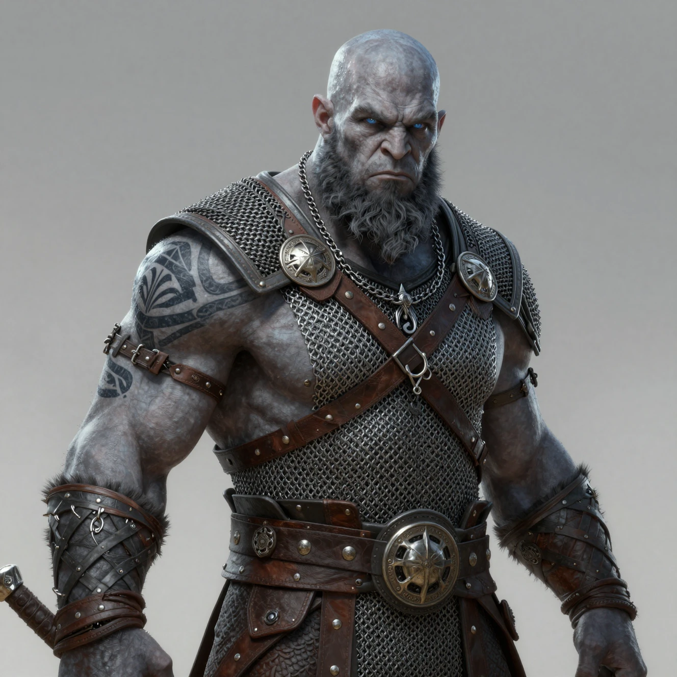 Ashen skinned goliath warrior with tribal tattoos