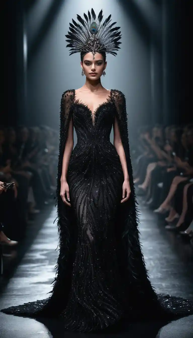 Elegant woman in black lace gown on red carpet