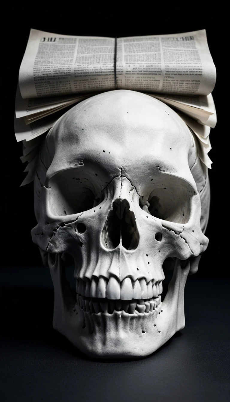 Surreal porcelain skull with storm cloud and paper brain