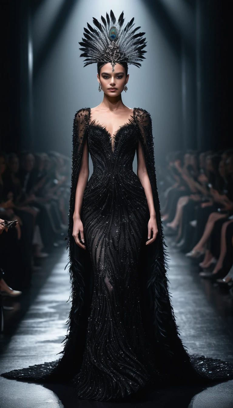 Elegant woman in black lace gown on red carpet