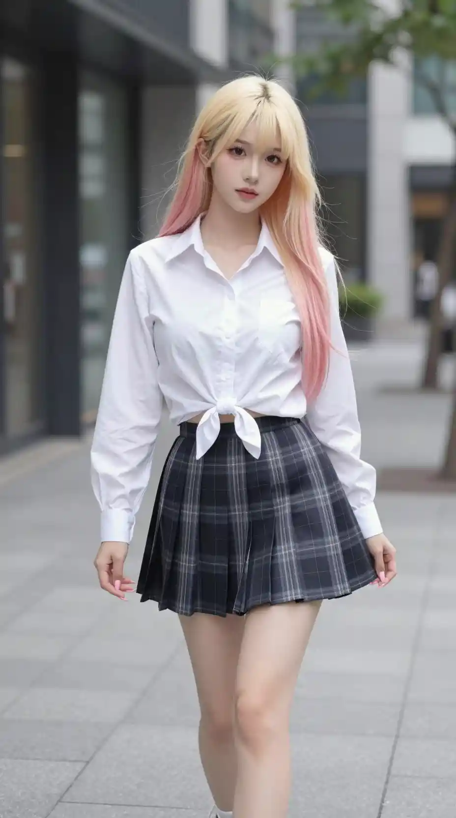 Stylish East Asian girl walking on a modern city street