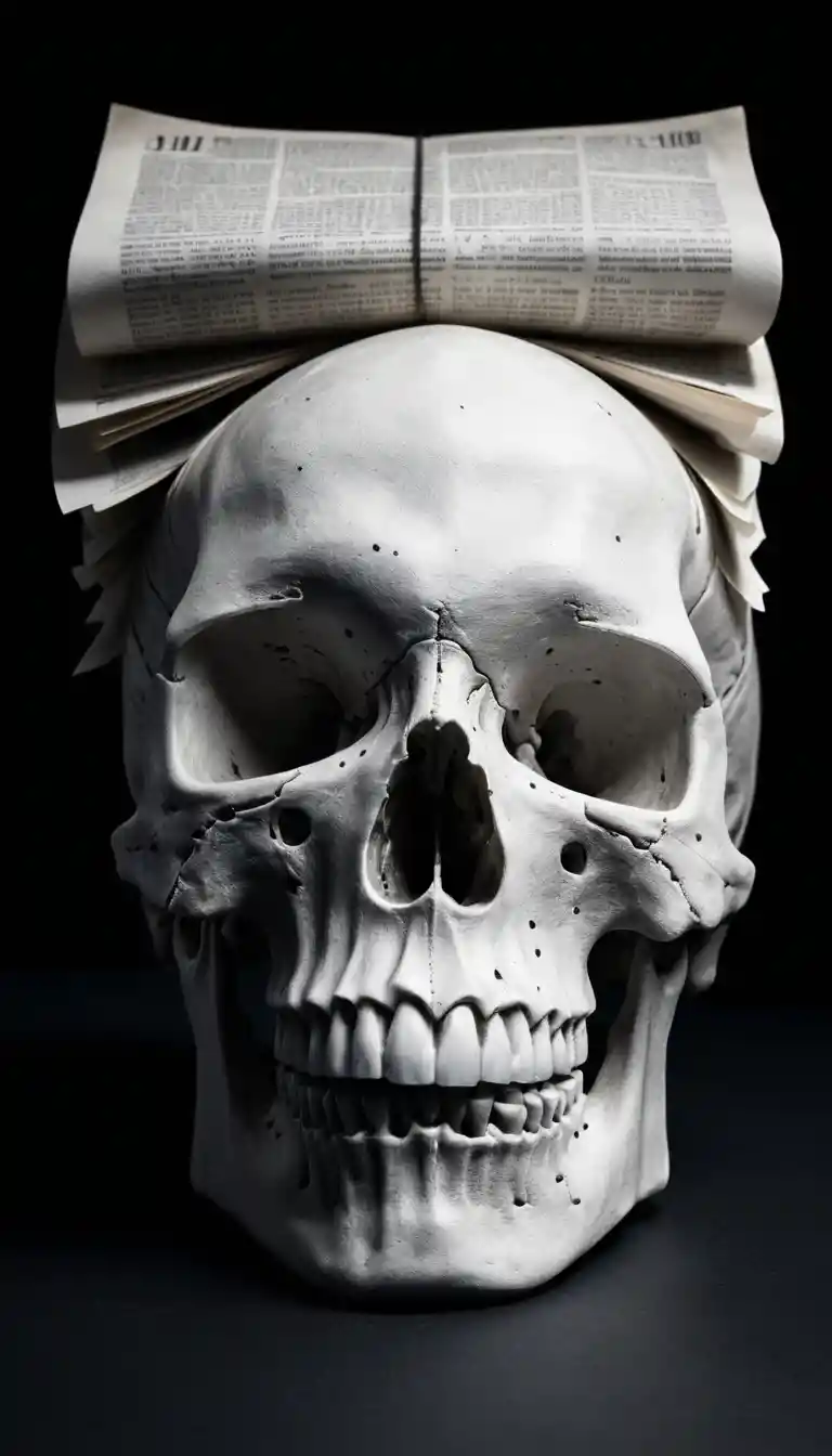 Surreal porcelain skull with storm cloud and paper brain