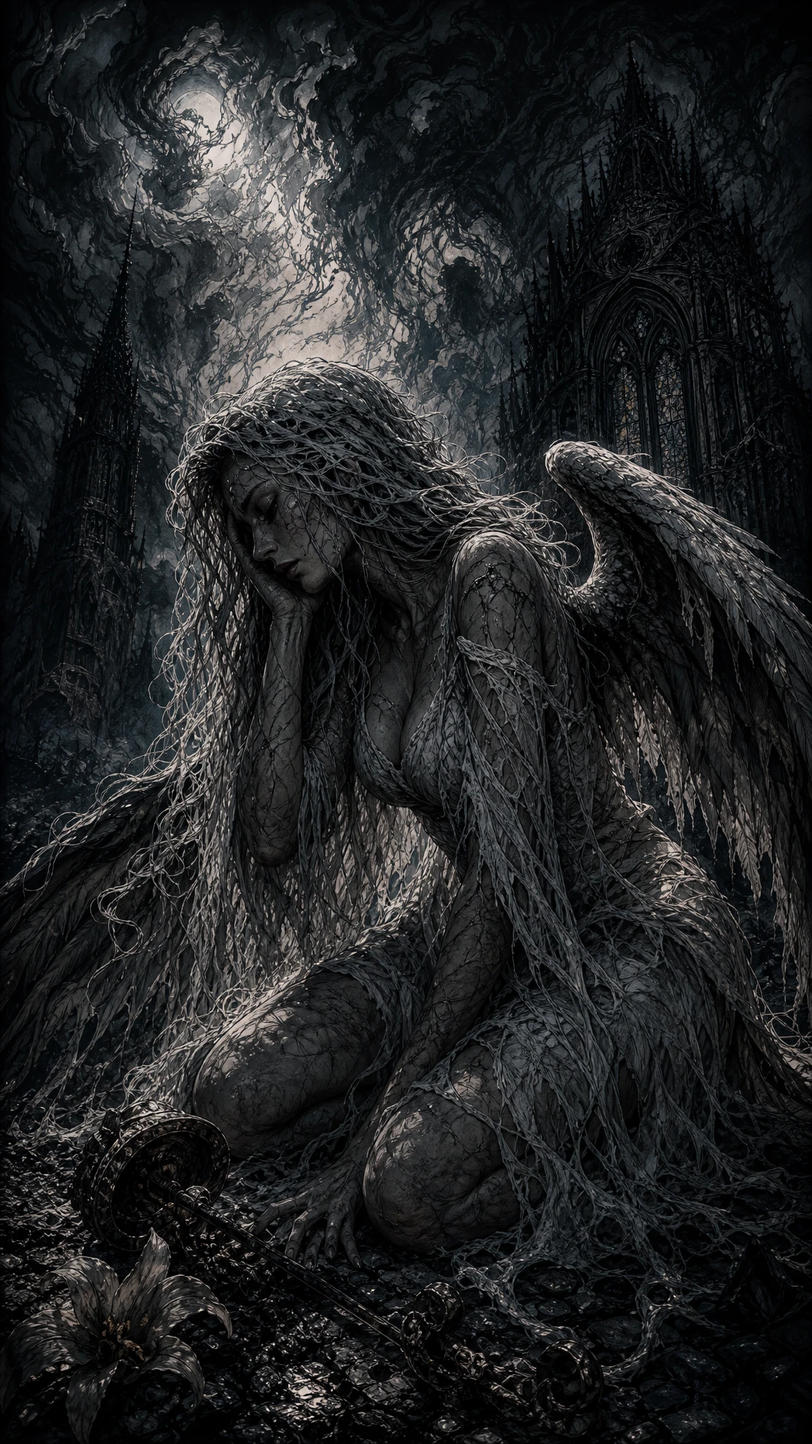 歪んだゴシックなキアロスクーロ形態による角張ったインクドローイング