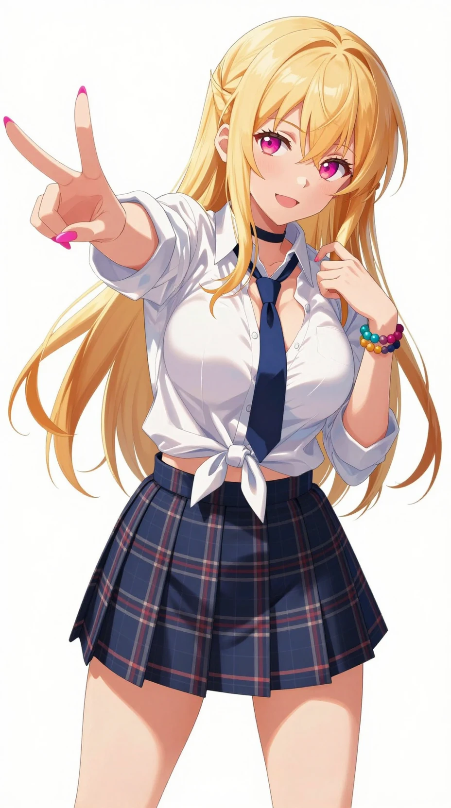 Playful blonde anime schoolgirl posing against white background