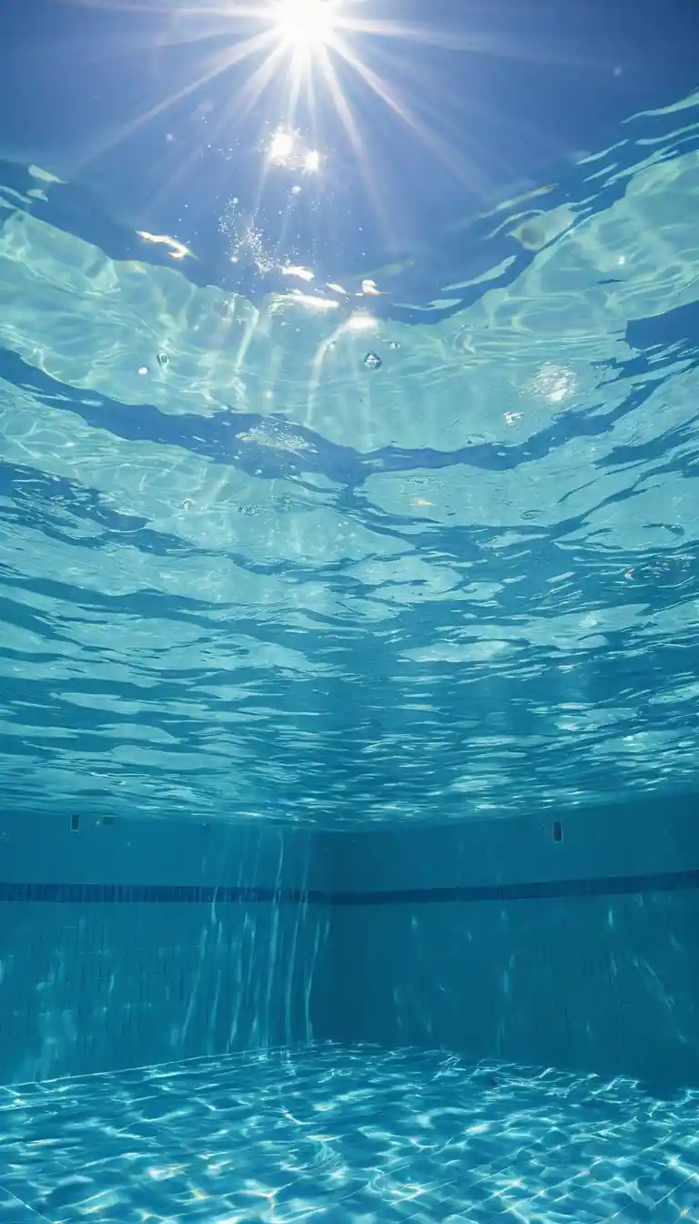 Underwater view of a clear blue pool with rising bubbles