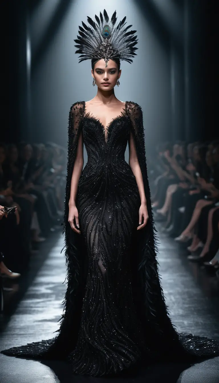 Elegant woman in black lace gown on red carpet