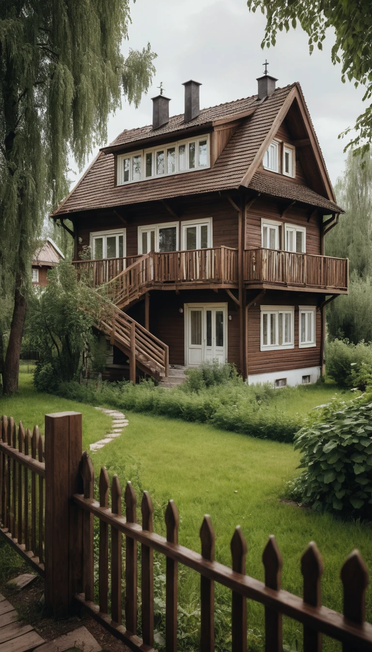Cozy wooden country house in lush garden setting