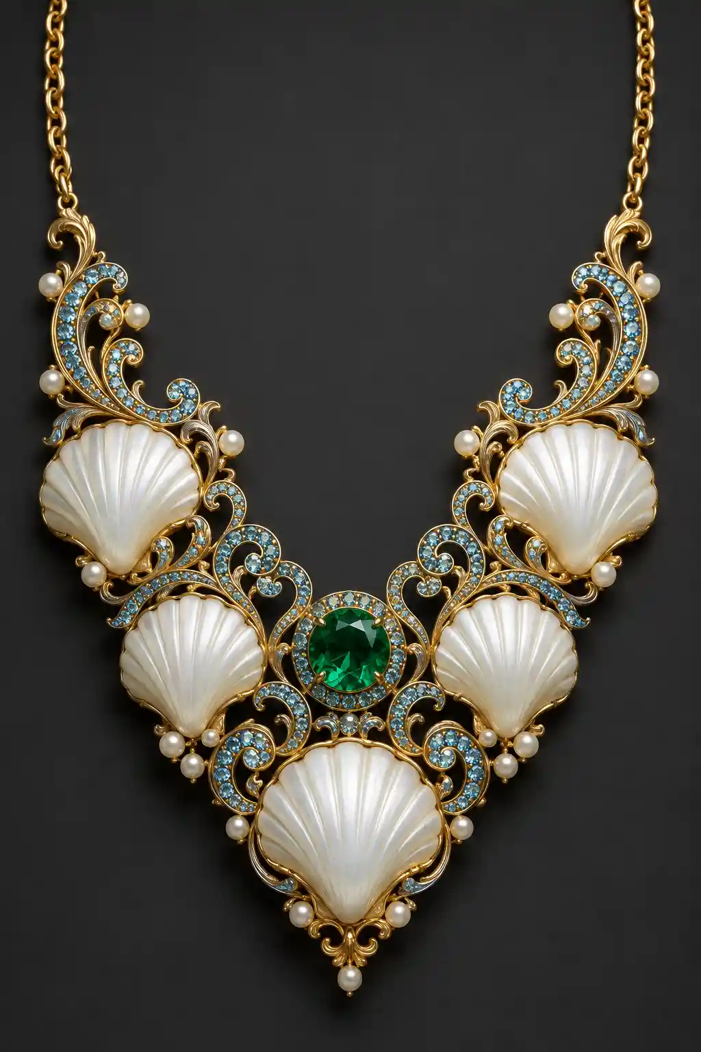Ornate gold seashell necklace on dark charcoal background
