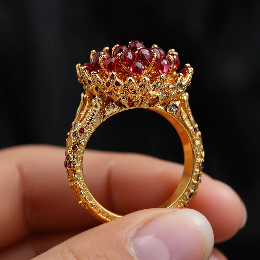 Gold ring with red gemstones held between a womans fingers