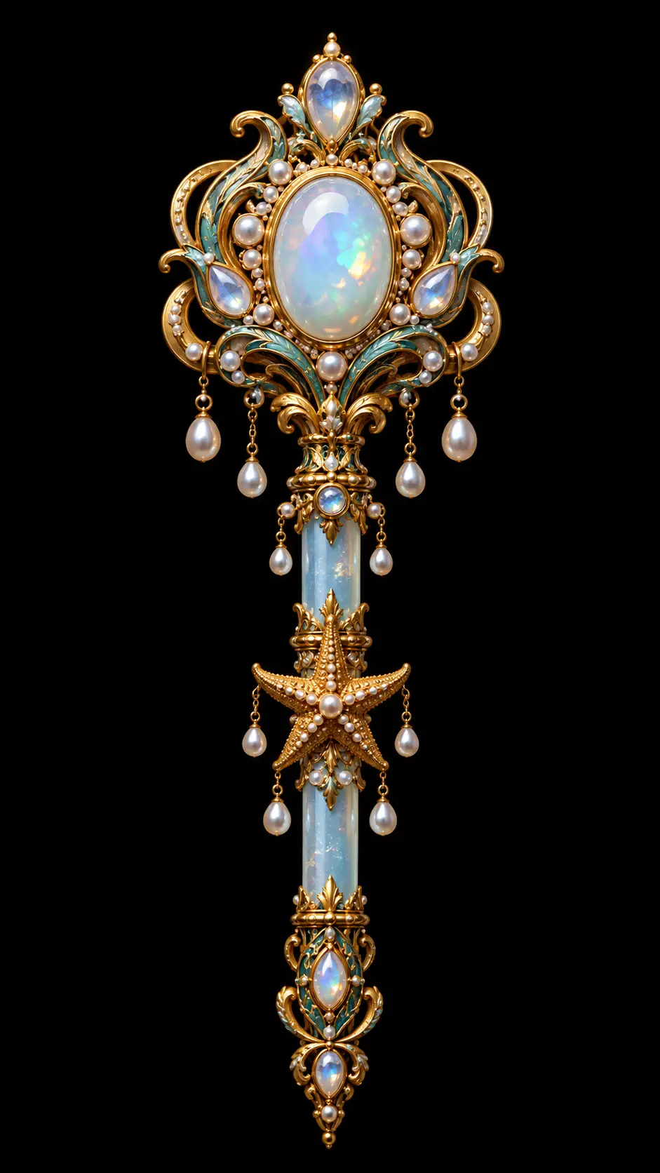 Ornate golden scepter with glowing opal on black background