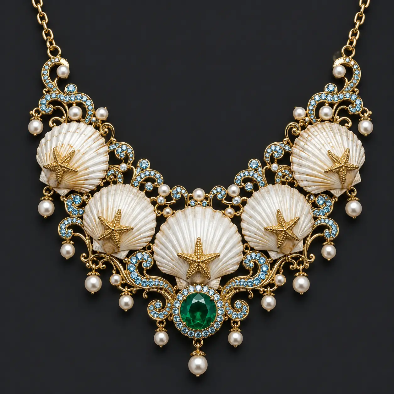 Ornate gold seashell statement necklace on dark background