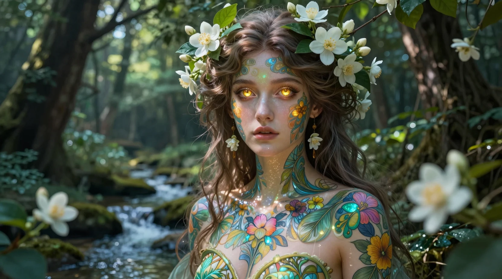 Diosa etérea con tatuajes botánicos en una arboleda bañada por el sol