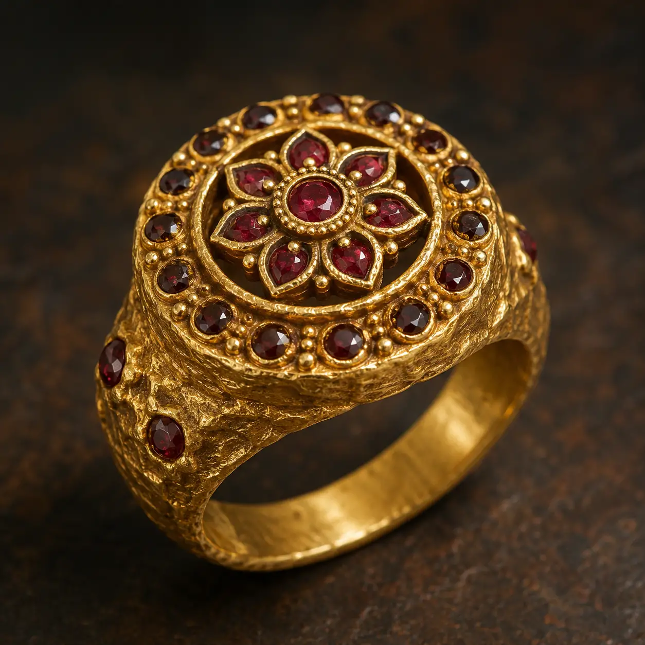 Ornate gold ring set with small dark red gemstones