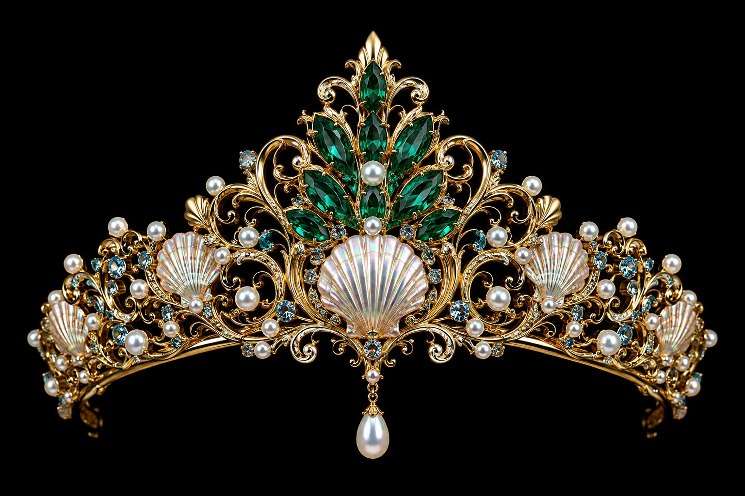 Tiara dorata decorata con smeraldi e perle su sfondo nero
