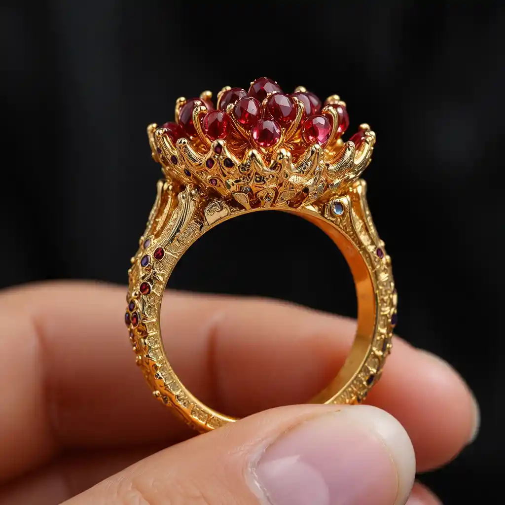 Gold ring with red gemstones held between a womans fingers