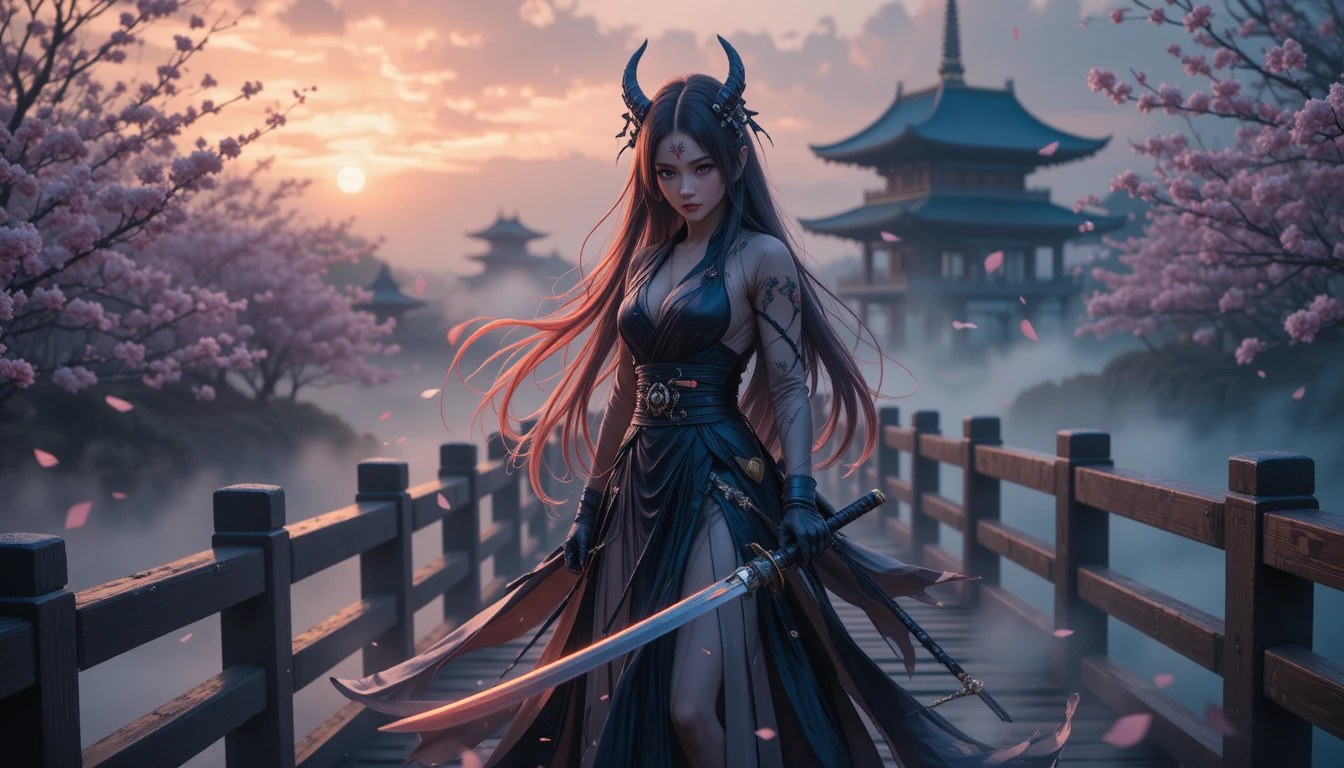 Cazadora de demonios sobre un puente brumoso al atardecer