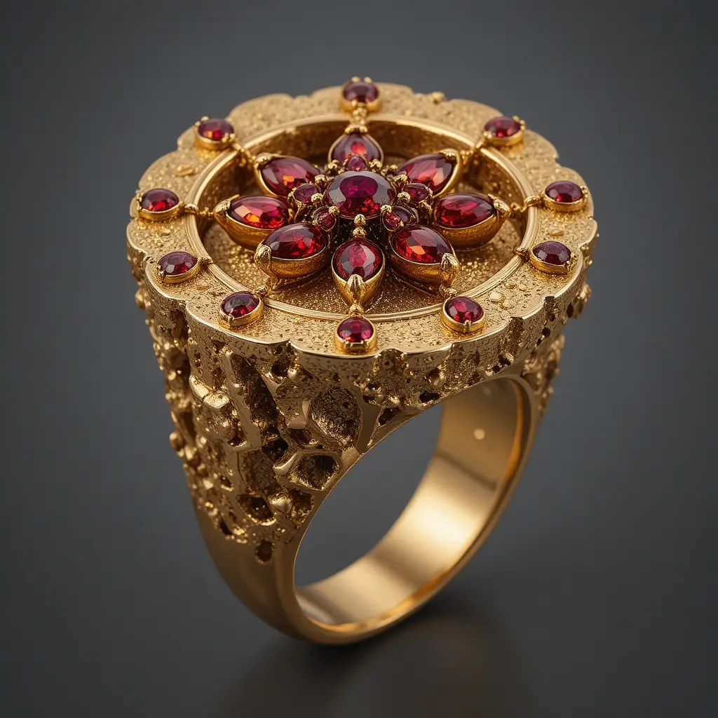 Heavy gold ring with raised head and red gemstones