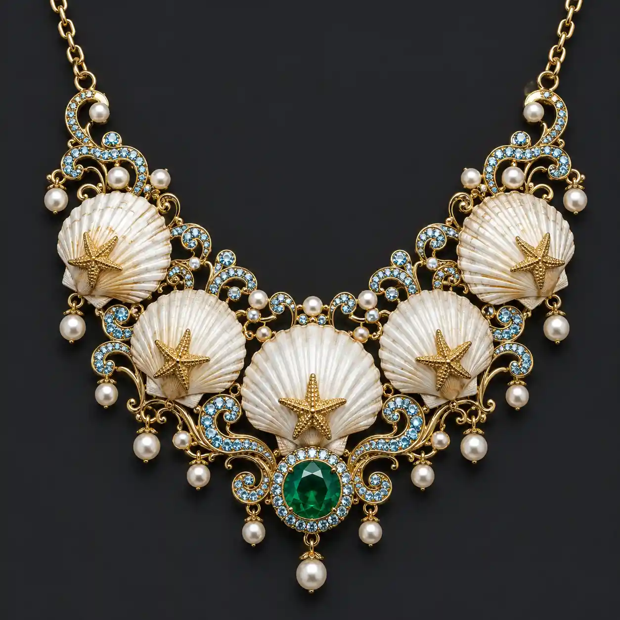 Ornate gold seashell statement necklace on dark background