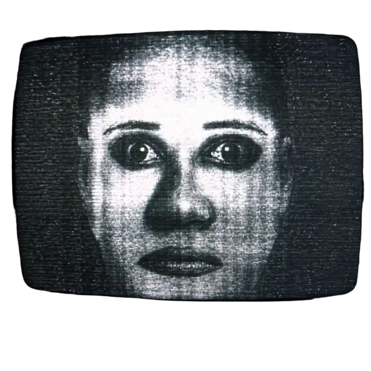 Unnerving grayscale face on an old static television screen