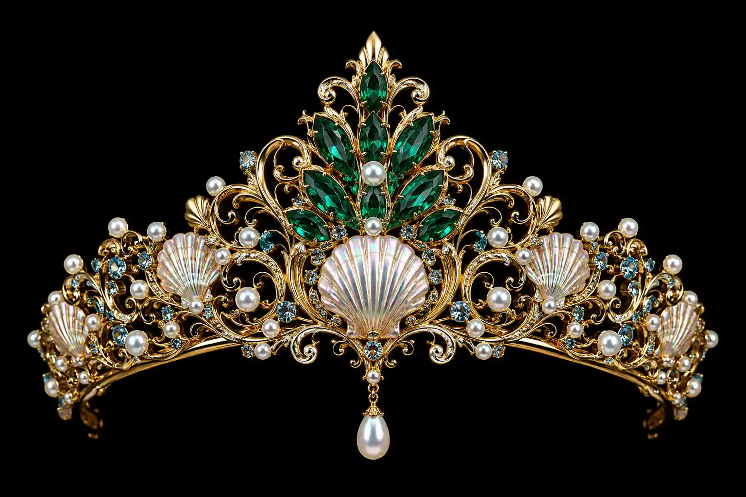 Tiara dorata decorata con smeraldi e perle su sfondo nero